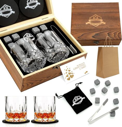 Whiskey Stones Gift Set - Whiskey Glass Set of 2 - Granite Chilling Whiskey Rocks - Scotch Bourbon Box Set - Best Drinking Gifts for Men Dad Husband Birthday Party Holiday Present in Saudi Arabia