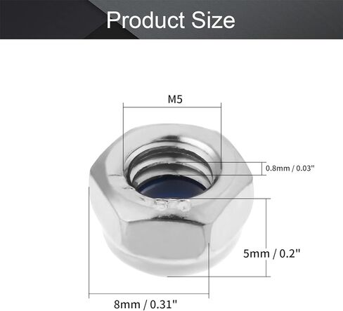 MroMax M5 x 0.8mm Nylon Insert Hex Lock Nuts, 201 Stainless Steel, No Surface Treatment, Pack of 50 in Saudi Arabia
