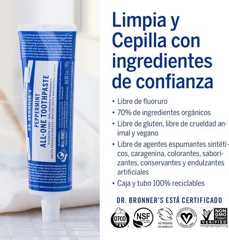Dr. Bronner’s - All-One Toothpaste (Peppermint, 5 ounce, 3-Pack) - 70% Organic Ingredients, Natural and Effective, Fluoride-Free, SLS-Free, Helps Freshen Breath, Reduce Plaque, Whiten Teeth, Vegan in Kuwait