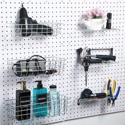 8 قطع من سلال Pegboard رفوف لوحية مربعة الشكل وسلال رف سلكية وصناديق منظم حائط ومرفقات لتنظيم أدوات مختلفة وإكسسوارات طاولة العمل وتخزين المرآب (أسود، S، M، L، XL) in Kuwait