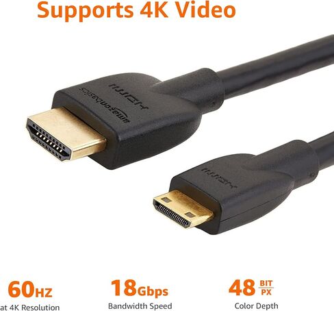 كابل محول Amazon Basics Mini HDMI إلى HDMI، سرعة عالية 18 جيجابت في الثانية، 4K@60 هرتز، 2160 بكسل، لون 48 بت، جاهز للإيثرنت، 6 أقدام، أسود in Saudi Arabia