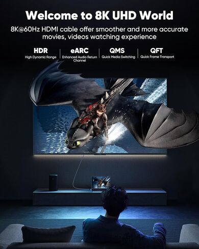 Capshi 2ft 8K 4K@120Hz HDMI Cable 2.1, 48Gbps High Speed Cord | for PS5/4, TV, Gaming Console, Monitor, 8K@60Hz, 2K@240Hz, 144Hz, Support HDR, eARC, DTS:X, HDCP 2.2 & 2.3, Braided in Kuwait