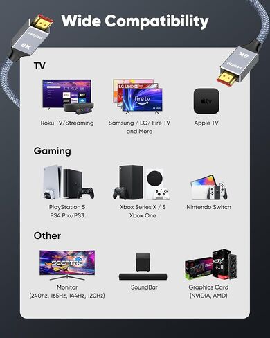 Capshi 2ft 8K 4K@120Hz HDMI Cable 2.1, 48Gbps High Speed Cord | for PS5/4, TV, Gaming Console, Monitor, 8K@60Hz, 2K@240Hz, 144Hz, Support HDR, eARC, DTS:X, HDCP 2.2 & 2.3, Braided in Kuwait