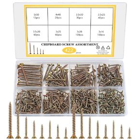 مجموعة متنوعة من براغي الخشب، 422 قطعة من مسامير اللوح ذات الرأس المسطح، مجموعة براغي متنوعة ذاتية التنصت لخزانة أثاث الحوائط الجافة الخشبية، لون الزنك، 8 أحجام مختلفة in Kuwait