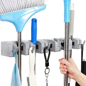 broom and mop holder wall mounted Storage cleaning Tools Commercial Mop Rack closet organizer tool hanger for Kitchen Garden laundry room and Garage,Handles Up to 1.41-Inches (grey, one 5slots)