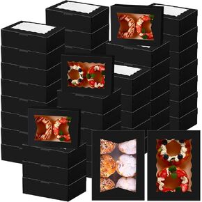 TaoBary 100 Pcs 8 Inch Cookie Boxes, 8 x 6 x 2.5 Inch Bakery Boxes, Pastry Boxes with 2 Style Window for Cookie Treat Boxes for Chocolate Strawberries Cupcakes Candy Muffins(Black)
