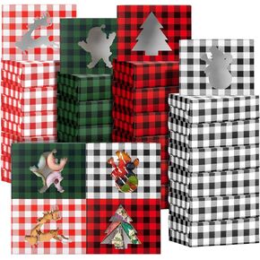 Cholemy 60 قطعة من صناديق كب كيك عيد الميلاد مع نافذة عطلة عيد الميلاد كوكيز علب مع أغطية لتقديم الهدايا في عيد الميلاد الجاموس منقوشة حلوى الهدايا الجيدة حاويات الطعام لصالح الحفلات، 8 × 6 × 2.5 بوصة in Kuwait