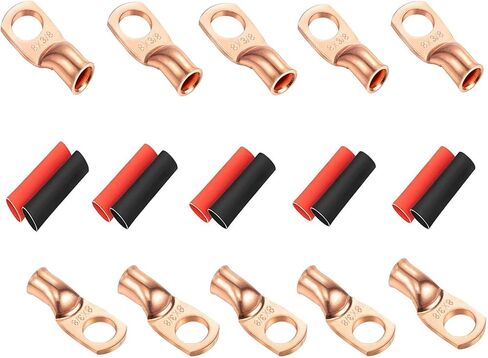 10 قطع من عروات الأسلاك النحاسية 8 قياس 8 AWG 3/8 بوصة أطراف حلقية نحاسية شديدة التحمل، كابل لحام عروة نحاسية مع مجموعة متنوعة من أنابيب الانكماش الحراري 10 قطع in Kuwait
