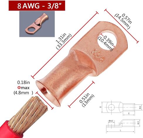 10 قطع من عروات الأسلاك النحاسية 8 قياس 8 AWG 3/8 بوصة أطراف حلقية نحاسية شديدة التحمل، كابل لحام عروة نحاسية مع مجموعة متنوعة من أنابيب الانكماش الحراري 10 قطع in Kuwait