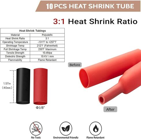 10 قطع من عروات الأسلاك النحاسية 8 قياس 8 AWG 3/8 بوصة أطراف حلقية نحاسية شديدة التحمل، كابل لحام عروة نحاسية مع مجموعة متنوعة من أنابيب الانكماش الحراري 10 قطع in Kuwait