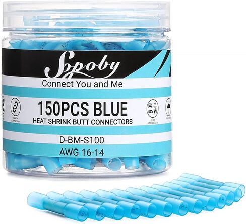 150 قطعة من موصلات المؤخرة المنكمشة بالحرارة باللون الأزرق 16-14 AWG-مصقولة من النحاس الأحمر البحري من الدرجة البحرية - موصلات لصق الأسلاك - موصلات كهربائية مقاومة للماء للبحرية والقوارب والاستريو in Kuwait