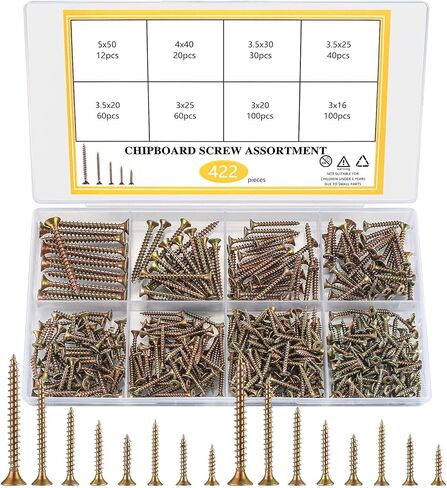 مجموعة متنوعة من براغي الخشب، 422 قطعة من مسامير اللوح ذات الرأس المسطح، مجموعة براغي متنوعة ذاتية التنصت لخزانة أثاث الحوائط الجافة الخشبية، لون الزنك، 8 أحجام مختلفة in Kuwait