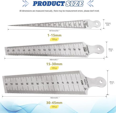 Glarks 3Pcs Inch & Metric Taper Gage Set 1-15mm(1/32-5/8inch), 15-30mm(5/8-1-3/16inch), 30-45mm(1-3/16-1-3/4inch) Stainless Steel Gap Hole Taper Welding Gauge for Measuring Cylindrical Bores in Saudi Arabia
