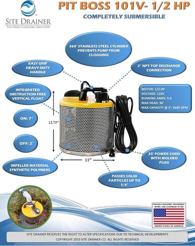 Site Drainer Pit Boss 101V, 1/2 HP, Non Clogging, Electric Submersible Dewatering Pump and Trash Pump with Debris Resistant Float Switch in Saudi Arabia
