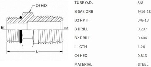 Brennan Industries 6401-06-06-O تركيب أنبوب فولاذي مستقيم، 9/16"-18 SAE ORB x 3/8"-18 NPTF خيط، 3/8" ذكر O-Ring Boss x 3/8" ذكر NPTF in Kuwait