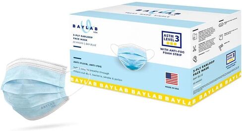 أقنعة الوجه BAYLAB USA ASTM المستوى 3 المضادة للضباب للاستعمال مرة واحدة مكونة من 3 طبقات، أزرق داكن، عبوة من 50 قطعة in Kuwait