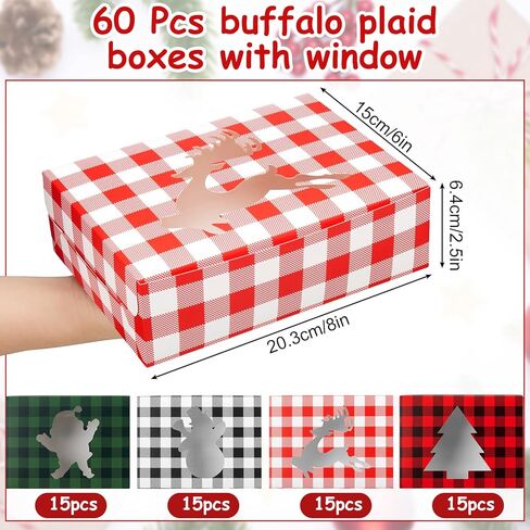 Cholemy 60 قطعة من صناديق كب كيك عيد الميلاد مع نافذة عطلة عيد الميلاد كوكيز علب مع أغطية لتقديم الهدايا في عيد الميلاد الجاموس منقوشة حلوى الهدايا الجيدة حاويات الطعام لصالح الحفلات، 8 × 6 × 2.5 بوصة in Kuwait