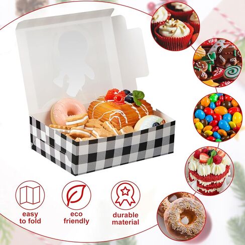 Cholemy 60 قطعة من صناديق كب كيك عيد الميلاد مع نافذة عطلة عيد الميلاد كوكيز علب مع أغطية لتقديم الهدايا في عيد الميلاد الجاموس منقوشة حلوى الهدايا الجيدة حاويات الطعام لصالح الحفلات، 8 × 6 × 2.5 بوصة in Kuwait