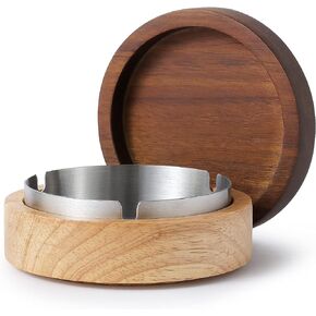 Wooden Ashtray with Lid for Smokers Stainless Steel Liner Ash Tray Windproof Durable Easy to Clean Cool Ashtrays for Indoor or Outdoor Use, Patio, Office & Home (Red)