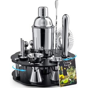 Bokhot Bartender Kit، مجموعة أدوات هزاز الكوكتيل المكونة من 14 قطعة من الفولاذ المقاوم للصدأ مع حامل دوار، علب شاكر 25 أونصة، جيجر، ملعقة، مدفق، طين، مصفاة، ملقط، سدادات زجاجات، فتاحة، وصفات