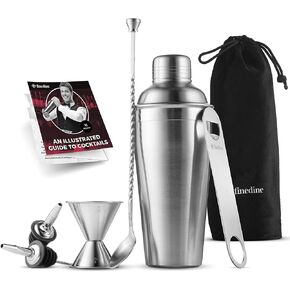 FineDine 7-Piece Cocktail Shaker Set - Bar Tools - Stainless Steel Bartender Kit, with All Bar Accessories, Cocktail Strainer, Double Jigger, Bar Spoon, Bottle Opener, Pour Spouts