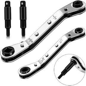 Hvac Service Wrench Tools:3/16" to 3/8" 5/16'' x 1/4''Air Conditioner Valve Ratchet Wrench with 2 Hexagon Bit Adapter Kit for Air Refrigeration and Equipment Repair Tools Clearance