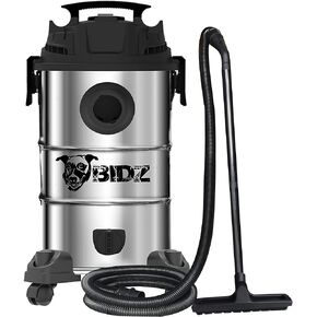 5 Gallon, Powerful 5 Peak HP Motor, 63.5'' Water Lift Suction Power, Heavy-Duty Stainless Steel Semi- Commercial Shop Vacuum System, Commercial Grade 8FT Hose, Black (WD-512-SS-BIDZ)
