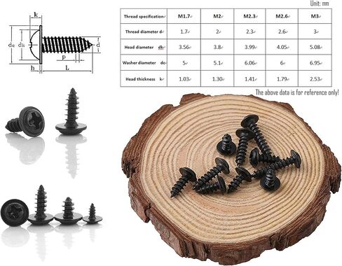 LBY 1000pcs M2.3 M2.6 Truss Head Self Tapping Screws, Wafer Head Screws, Pan Head with Washer Screw 10 Sizes Self Tapping Screws Assortment Kit, Carbon Steel (Blacking) in Saudi Arabia