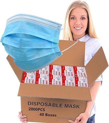 2000 PCS Wholesale Bulk Disposable Face Mask (40 Packs, 50pcs/Pack), 3-Layers Breathable Face Masks with Adjustable Earloop for Business PPE in Saudi Arabia