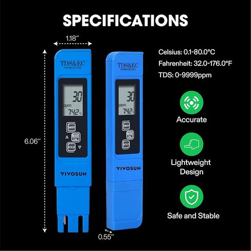 VIVOSUN TDS Tester 3-in-1 TDS EC & Temperature Meter Ultrahigh Accuracy Digital Water Quality TDS Tester (Blue) in Saudi Arabia