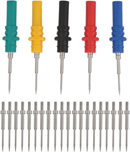 طقم دبابيس مجسات، 5 قطع مجسات و20 قطعة مجموعة اختبار إبر بديلة للسيارات، 37 مم، مجسات اختبار دبوس إبرة ثقب العزل لاختبار السيارة أحمر/أسود/أزرق/أخضر/أصفر in Kuwait
