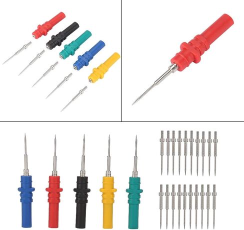 طقم دبابيس مجسات، 5 قطع مجسات و20 قطعة مجموعة اختبار إبر بديلة للسيارات، 37 مم، مجسات اختبار دبوس إبرة ثقب العزل لاختبار السيارة أحمر/أسود/أزرق/أخضر/أصفر in Kuwait