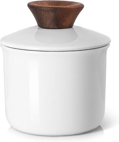 DOWAN Butter Crock for Counter, French Butter Keeper Crock with Water, Ceramic Airtight Butter Dish with Wood Knob Lid for Soft Butter, White in Kuwait