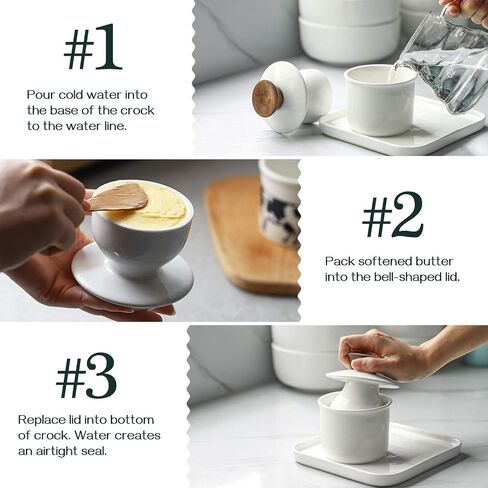 DOWAN Butter Crock for Counter, French Butter Keeper Crock with Water, Ceramic Airtight Butter Dish with Wood Knob Lid for Soft Butter, White in Kuwait