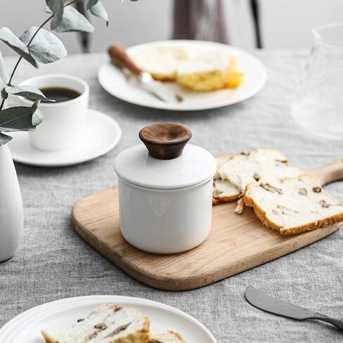 DOWAN Butter Crock for Counter, French Butter Keeper Crock with Water, Ceramic Airtight Butter Dish with Wood Knob Lid for Soft Butter, White in Kuwait