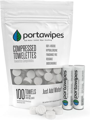 Portawipes Coin Tissues | 100 Pack with 2 Carrying Cases | Toilet Paper Tablets | Compressed Towels | Expandable Wipes | Soft & Odor Free in Kuwait