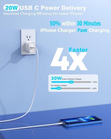 شاحن iPhone سريع، شاحن حائط USBC سريع بطول 10 أقدام 【معتمد من Apple MFi】عبوة من قطعتين بقدرة 20 وات PD USB C شاحن سريع + كابل شحن سريع لايتنينج بطول 10 أقدام لهاتف iPhone 14/Pro/Pro Max/Plus/13/12/11/XS/XR/X /اى باد in Kuwait