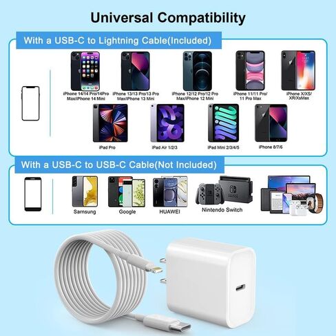 شاحن iPhone سريع، شاحن حائط USBC سريع بطول 10 أقدام 【معتمد من Apple MFi】عبوة من قطعتين بقدرة 20 وات PD USB C شاحن سريع + كابل شحن سريع لايتنينج بطول 10 أقدام لهاتف iPhone 14/Pro/Pro Max/Plus/13/12/11/XS/XR/X /اى باد in Kuwait