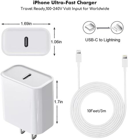 شاحن iPhone سريع، شاحن حائط USBC سريع بطول 10 أقدام 【معتمد من Apple MFi】عبوة من قطعتين بقدرة 20 وات PD USB C شاحن سريع + كابل شحن سريع لايتنينج بطول 10 أقدام لهاتف iPhone 14/Pro/Pro Max/Plus/13/12/11/XS/XR/X /اى باد in Kuwait