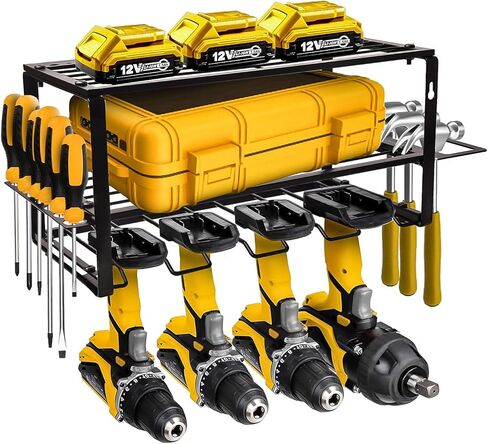 MoDinzo Power Tool Organizer, Alloy Steel Tool Holder for Garage Organization, 3 Layer Floating Shelf 4 Drill Holder, Black Storage Rack for Tool Organizing with Screws, Anchors, Spanners. in Saudi Arabia