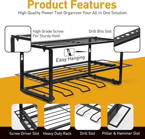 MoDinzo Power Tool Organizer, Alloy Steel Tool Holder for Garage Organization, 3 Layer Floating Shelf 4 Drill Holder, Black Storage Rack for Tool Organizing with Screws, Anchors, Spanners. in Saudi Arabia