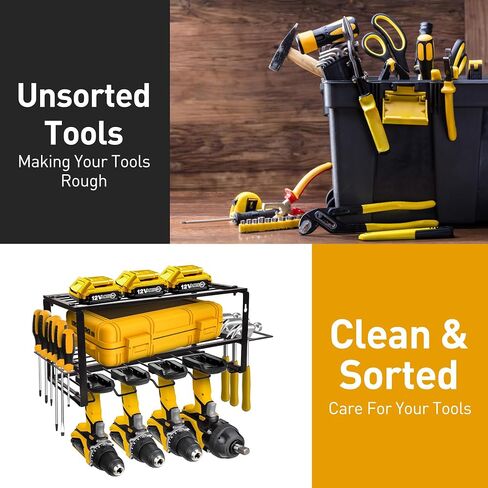 MoDinzo Power Tool Organizer, Alloy Steel Tool Holder for Garage Organization, 3 Layer Floating Shelf 4 Drill Holder, Black Storage Rack for Tool Organizing with Screws, Anchors, Spanners. in Saudi Arabia