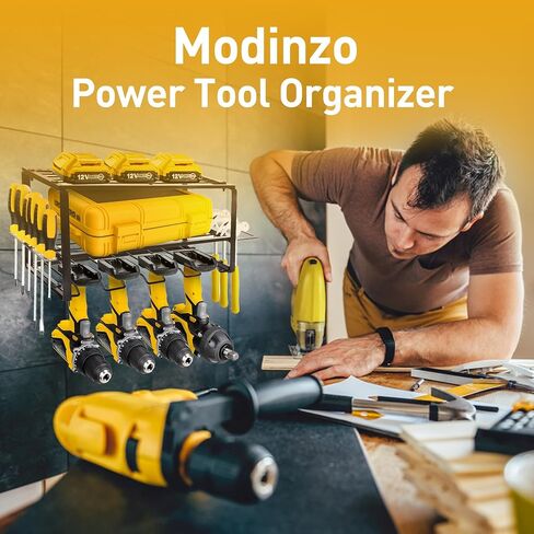 MoDinzo Power Tool Organizer, Alloy Steel Tool Holder for Garage Organization, 3 Layer Floating Shelf 4 Drill Holder, Black Storage Rack for Tool Organizing with Screws, Anchors, Spanners. in Saudi Arabia
