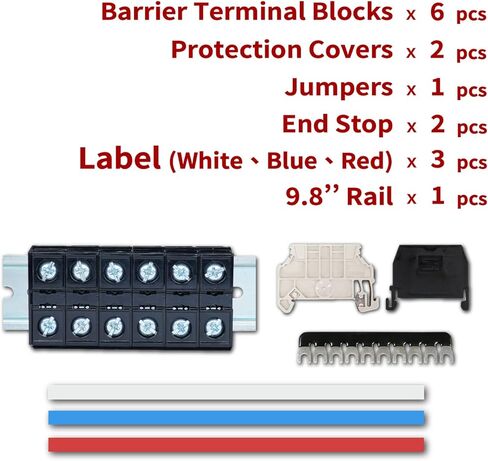 مجموعة شرائط طرفية لولبية Dinkle 600 فولت 60 أمبير * 6 أوضاع شريط طرفي لولبي، 2 * غطاء، 3 * كتلة صنع (أحمر، أزرق، أبيض)، 1 * شرائط حاجز معزولة مسبقًا، 1 * سكة، 2 * دعامة نهاية، 20-6 نطاق الأسلاك AWG in Kuwait