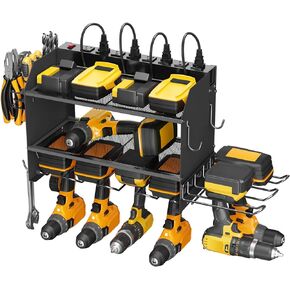 CCCEI Modular Power Tool Organizer Wall Mount Charging Station, Black 6 Drills Holder with 8 Plug Power Strip, Garage Drill Battery Heavy Duty Metal Shelf, Utility Rack with Hooks, Side Storage.