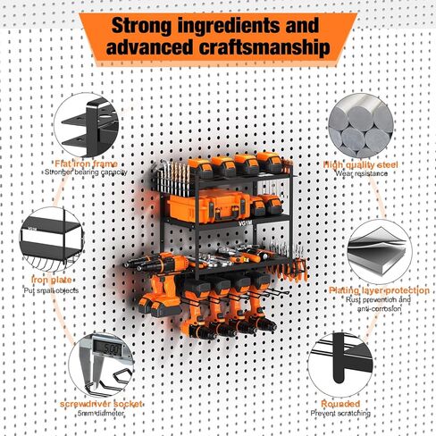 VG1M منظم أدوات الطاقة على الحائط، حامل تخزين المثقاب على الحائط مع 2 مثبتات مقبس ذاتية اللصق، 4 طبقات حامل مثقاب لاسلكي، 6 حامل مثقاب على الحائط ورفوف جراج للتخزين، حديد، أسود in Kuwait