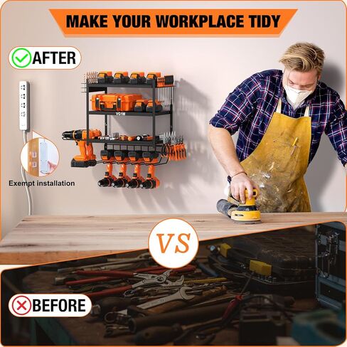 VG1M منظم أدوات الطاقة على الحائط، حامل تخزين المثقاب على الحائط مع 2 مثبتات مقبس ذاتية اللصق، 4 طبقات حامل مثقاب لاسلكي، 6 حامل مثقاب على الحائط ورفوف جراج للتخزين، حديد، أسود in Kuwait