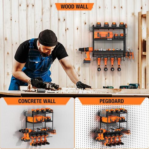 VG1M منظم أدوات الطاقة على الحائط، حامل تخزين المثقاب على الحائط مع 2 مثبتات مقبس ذاتية اللصق، 4 طبقات حامل مثقاب لاسلكي، 6 حامل مثقاب على الحائط ورفوف جراج للتخزين، حديد، أسود in Kuwait