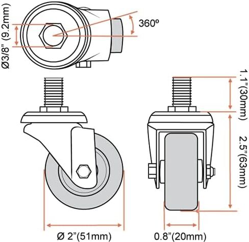 4 Pack Swivel Stem Caster w/ 2" Hard Rubber Wheel 3/8" threaded stem 1.1" Stem Length Heavy Duty in Kuwait