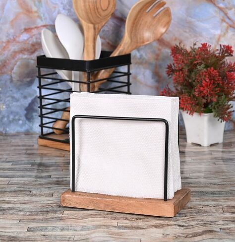Samhita Wooden Napkin Holder for Table with Iron Wire, Standing Napkin Holder for Table, Kitchen Dining Room Cafes Home Décor (6" x 3" x 5") in Saudi Arabia